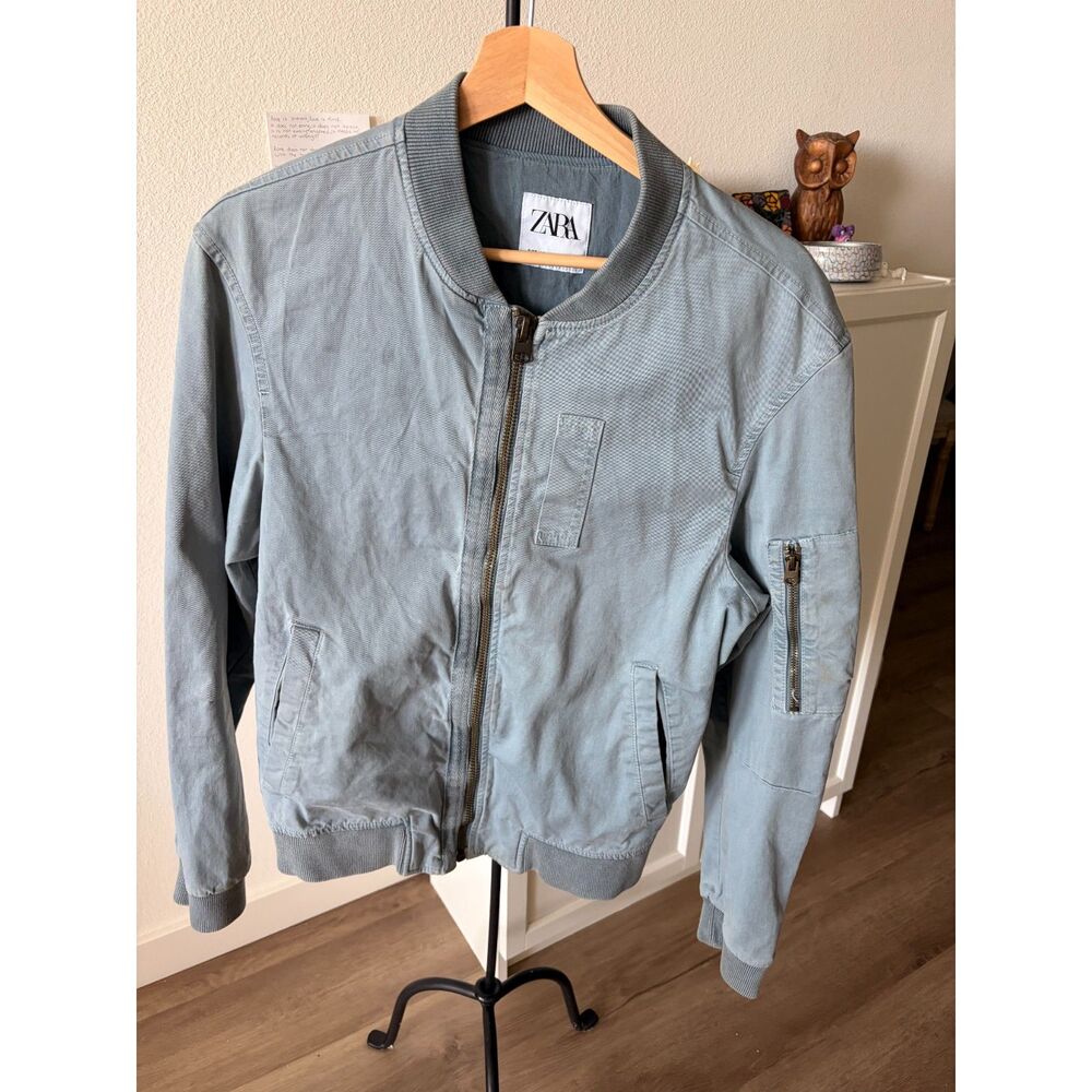 Zara Men’s Slate Blue Textured Bomber Jacket - Size Small - Full Zip